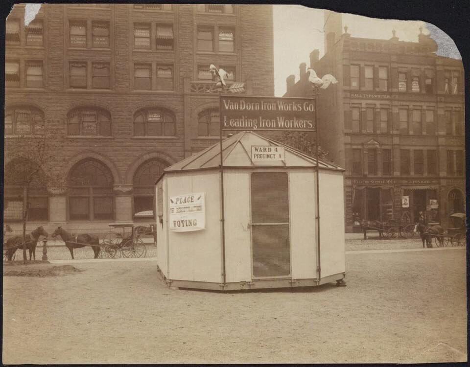 SkrticX's tweet photo. Cleveland Public Square Voting Booth (1890). Source: Cleveland Public Library Digital Gallery. https://t.co/hfjtP4bIz2