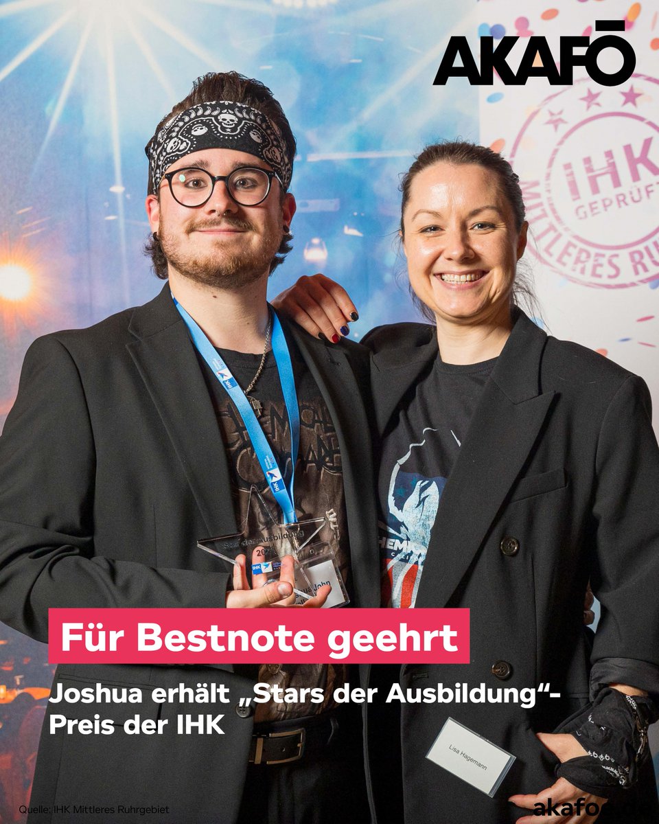 AKAFÖ (@akafoe) on Twitter photo Herzlichen Glückwunsch Joshua🎉🥳
❗ Als einer von insgesamt 101 Auszubildenden erlangte er die Note „sehr gut“ in der Abschlussprüfung und erhielt dafür den „Stars der Ausbildung“-Preis der IHK Mittleres Ruhrgebiet.❗ Herzlichen Glückwunsch Joshua🎉🥳
❗ Als einer von insgesamt 101 Auszubildenden erlangte er die Note „sehr gut“ in der Abschlussprüfung und erhielt dafür den „Stars der Ausbildung“-Preis der IHK Mittleres Ruhrgebiet.❗