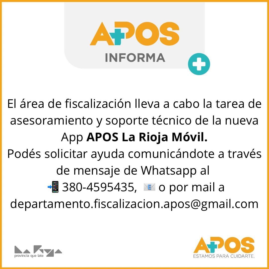 🚨Soporte técnico para uso y descarga de la nueva App, APOS La Rioja Móvil.

#Digitalización #NuevaApp #Asesoramiento #Fiscalización #EstamosParaCuidarte