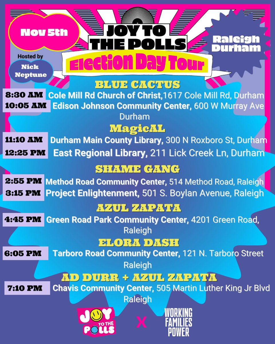 Raleigh / Durham! Find us spreading joy all over the Triangle today in the Joy to the Polls roving party truck! We'll be bringing live + DJ’ed music to voters waiting in lines at the polls 😎 RSVP here: joytothepolls.com/events/p/ralei…