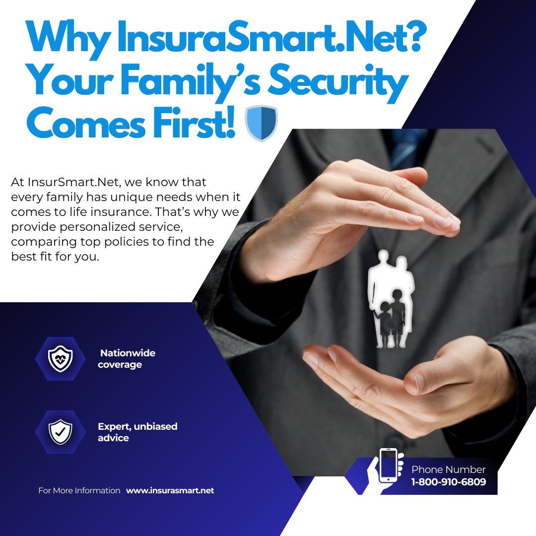 Insurasmartnet's tweet image. At InsuraSmart.Net we know that every family has unique needs when it comes to life insurance.That’s why we provide personalized service, comparing top policies to find the best fit for you.  No guesswork. Just peace of mind. Proud to be veteran-owned Nationwide coverage
