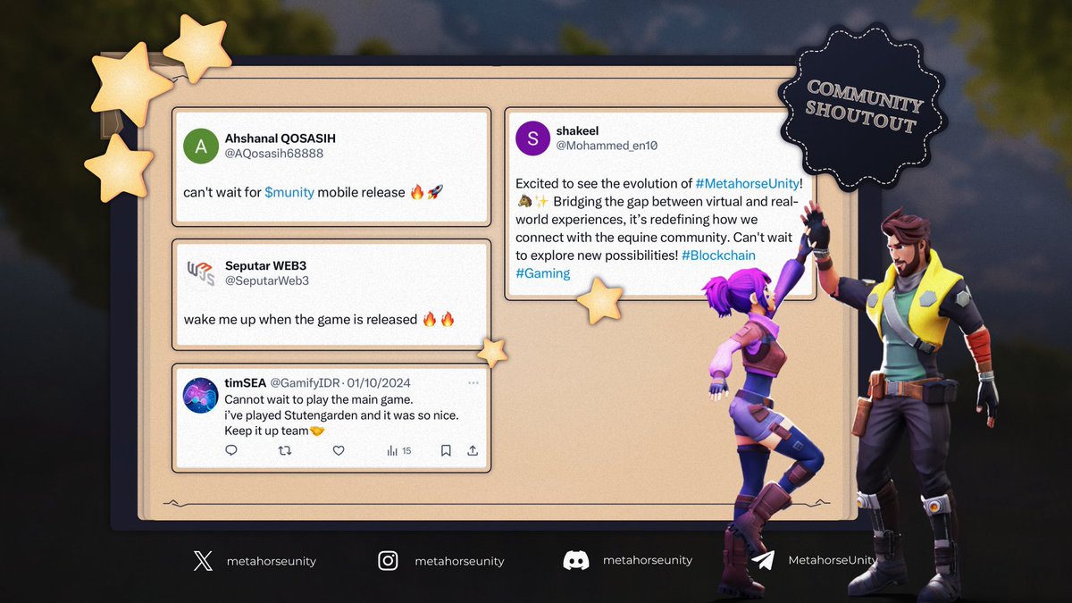 metahorseunity's tweet photo. Shoutout to our amazing #MetahorseUnity community! ๐ Your feedback and support drive us to keep improving. What features are you most excited about?๐ด
#GamingCommunity #Web3 https://t.co/BgxxUXW2rN