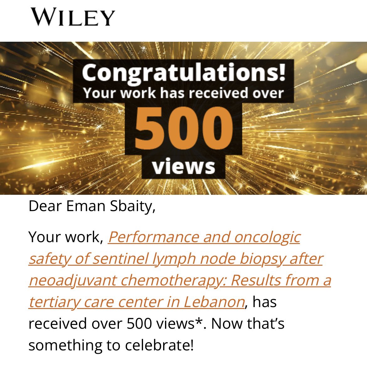 EmanSbaity's tweet image. Proud to share that our original article from our work on breast cancer in Lebanon is read by 500 surgeon worldwide..congratulations to my smart and dedicated team on this achievement 🎉#ViewsMilestone #AUB_official #AUB_FM