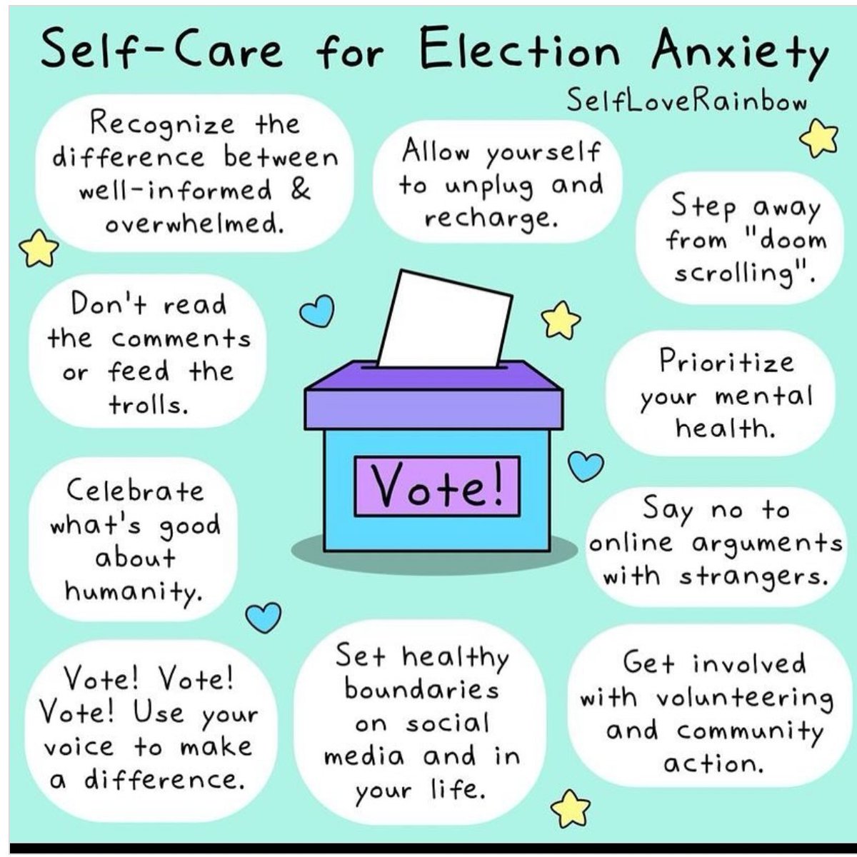 Be kind to yourself!
Self Care for Election Anxiety, from @selfloverainbow