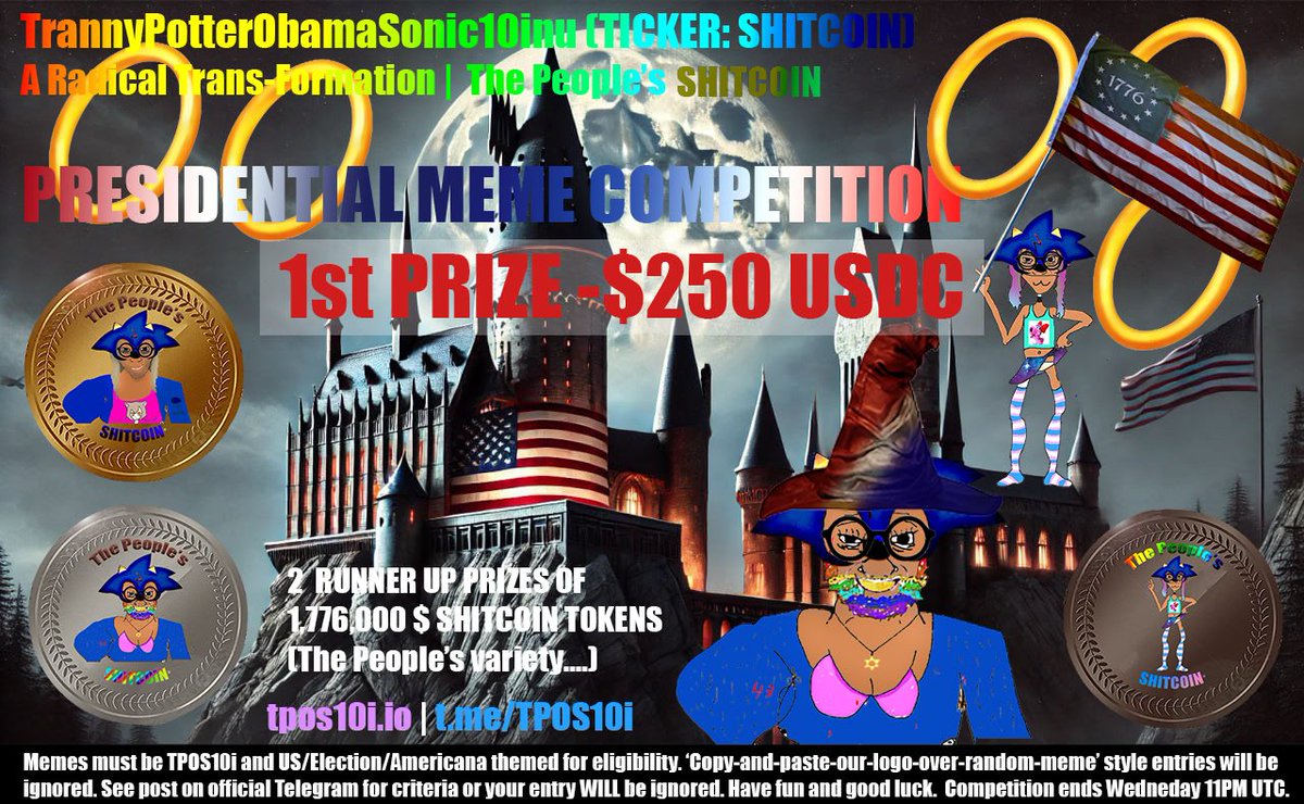 TPOS10i's tweet photo. MEME CONTEST: The People's #SHITCOIN is proud to announce an Americana-themed meme contest to celebrate the election - $250 with runner up prizes. IMPORTANT: join our TG @TPOS10i read pinned for eligibility $TPOS https://t.co/Hyo34Fofsg