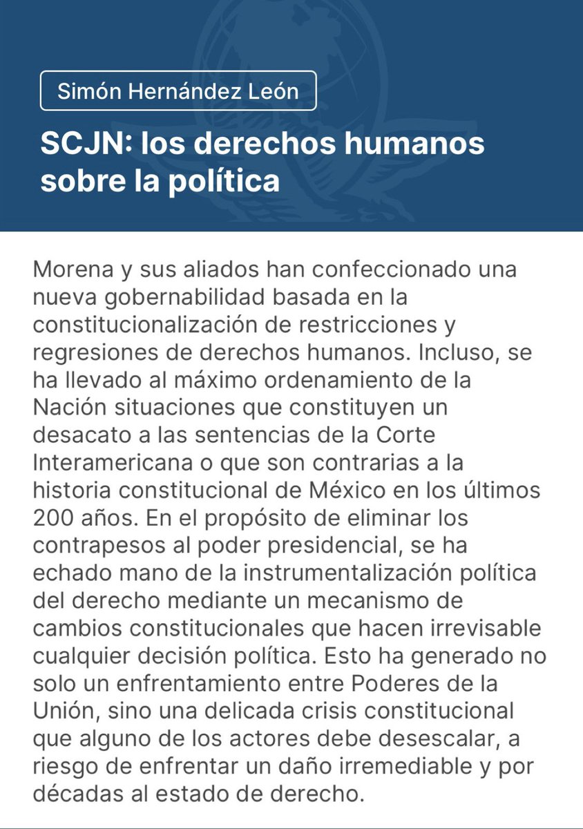 “La Corte consentiría mil veces dejar de existir, antes que vivir sin su independencia constitucional”, planteó Ignacio Ramírez en 1869. Hoy, la <a href="/SCJN/">Suprema Corte</a> enfrenta la disyuntiva histórica en medio de una crisis constitucional.

Mi análisis en <a href="/El_Universal_Mx/">El Universal</a>: eluniversal.com.mx/opinion/simon-…