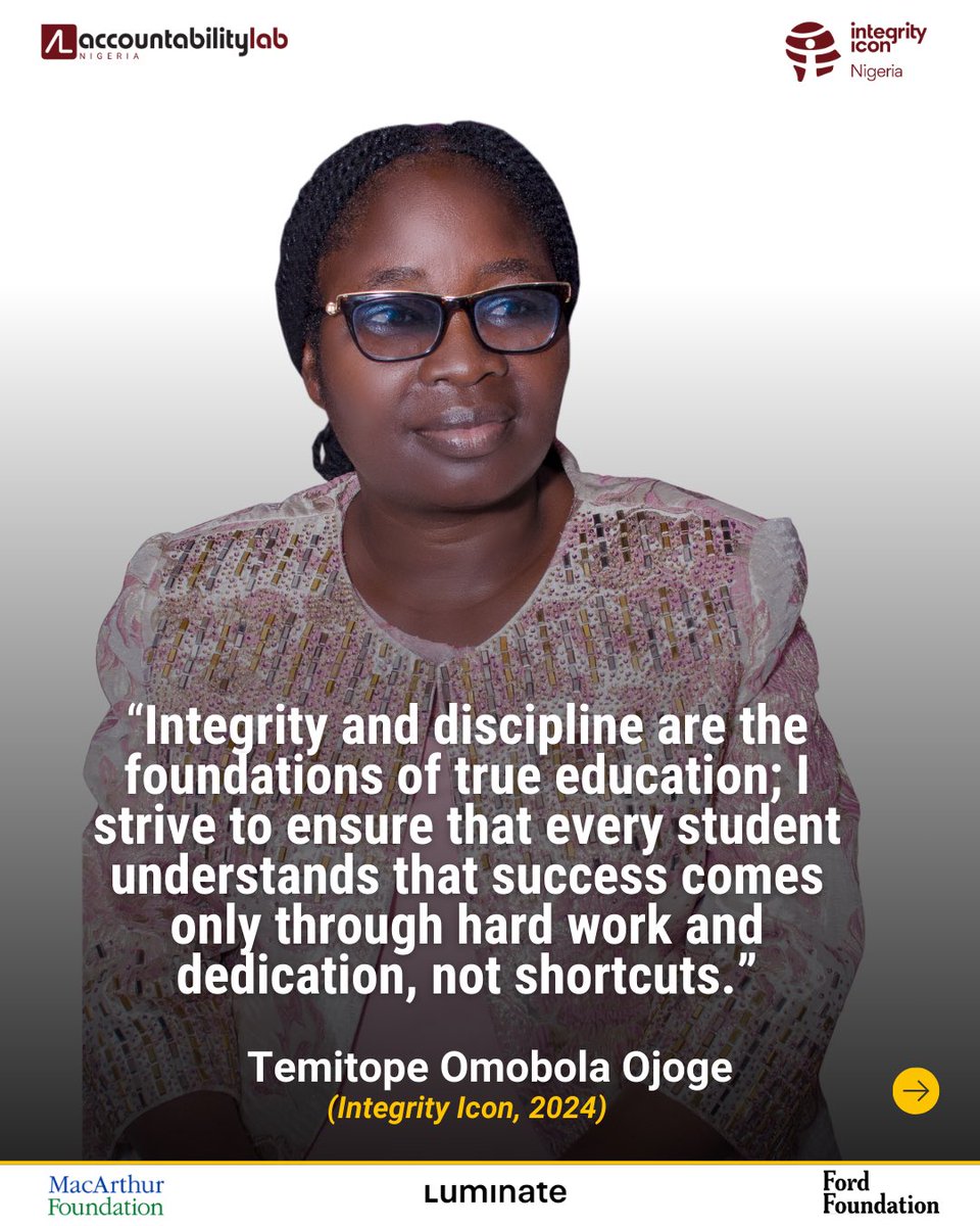 accountlabng's tweet photo. In #Nigeria, where the public education sector has often been characterized by a lack of diligence among teachers, meet Mrs. Temitope Ojoge, one of our finest public servants in the education sector who stood out among 2,549 nominations from the 2024 #IntegrityIconNG Campaign- she exemplifies #Integrity.
