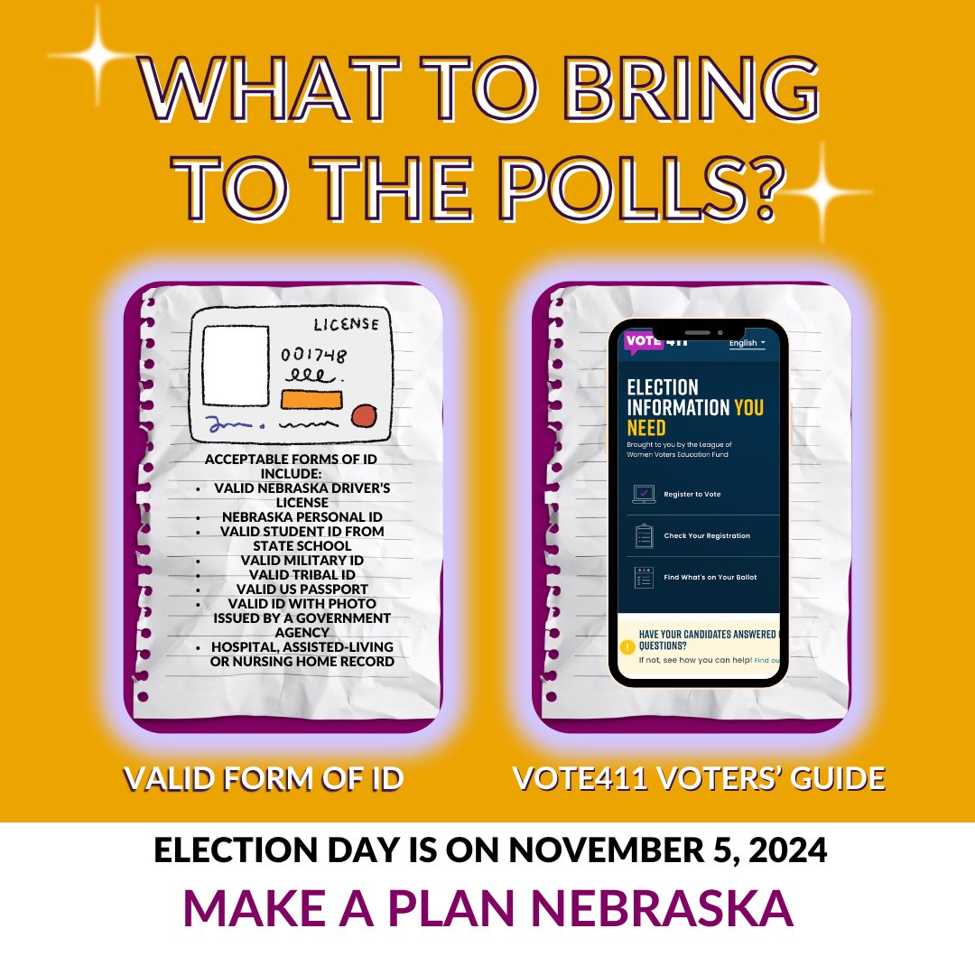 lwvne's tweet photo. Nebraska voters: You need to bring an ID to the polls to cast your ballot today. See acceptable forms below. There's still time to check out the candidates on your ballot at VOTE411. https://t.co/1fz7K7qDXb