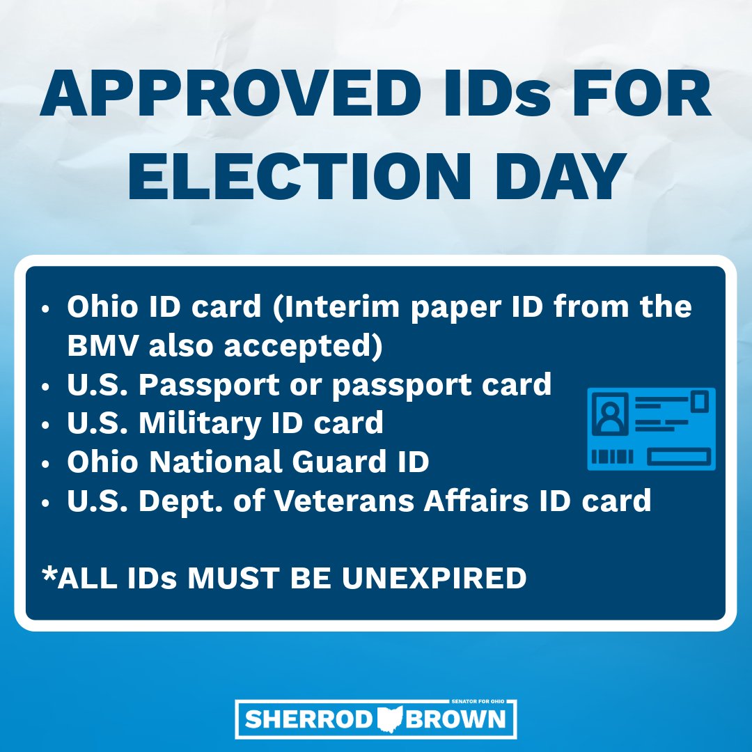SherrodBrown's tweet image. Ohio, here is a list of approved forms of ID to bring with you to vote: