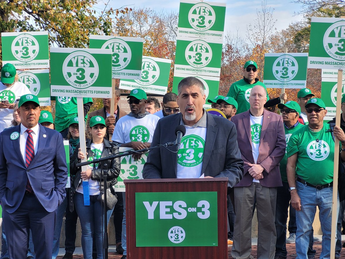 We are rallying in Lawrence this morning with <a href="/MachinistsUnion/">Machinists Union / IAM Union</a>, <a href="/mayorlawrencema/">Mayor Brian A. DePeña</a>, <a href="/RepFrankMoran/">Rep. Frank Moran</a>, <a href="/Payano/">Pavel Payano</a>, and rideshare drivers launching our election day canvas for <a href="/VoteYesOn3Mass/">VoteYesOn3MA</a>! Today, WE MAKE HISTORY! #UnionStrong #UnionsForAll