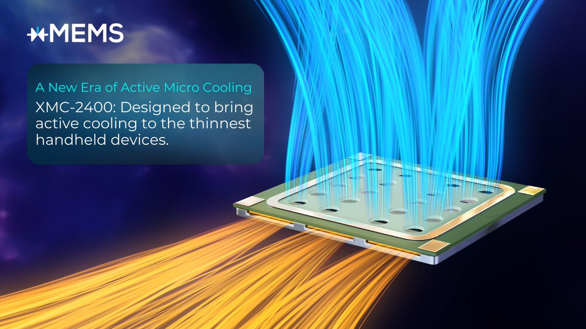 xMEMSLabs's tweet photo. Bring active #microcooling to ultra mobile devices!
Our new µCooling fan-on-a-chip uses our true and tested piezoMEMS ultrasonic transducer architecture to generate air pulses at an ultrasonic, inaudible frequency, pushing hot air away from the heat source.
#thermalmanagement https://t.co/plxXvCnstp