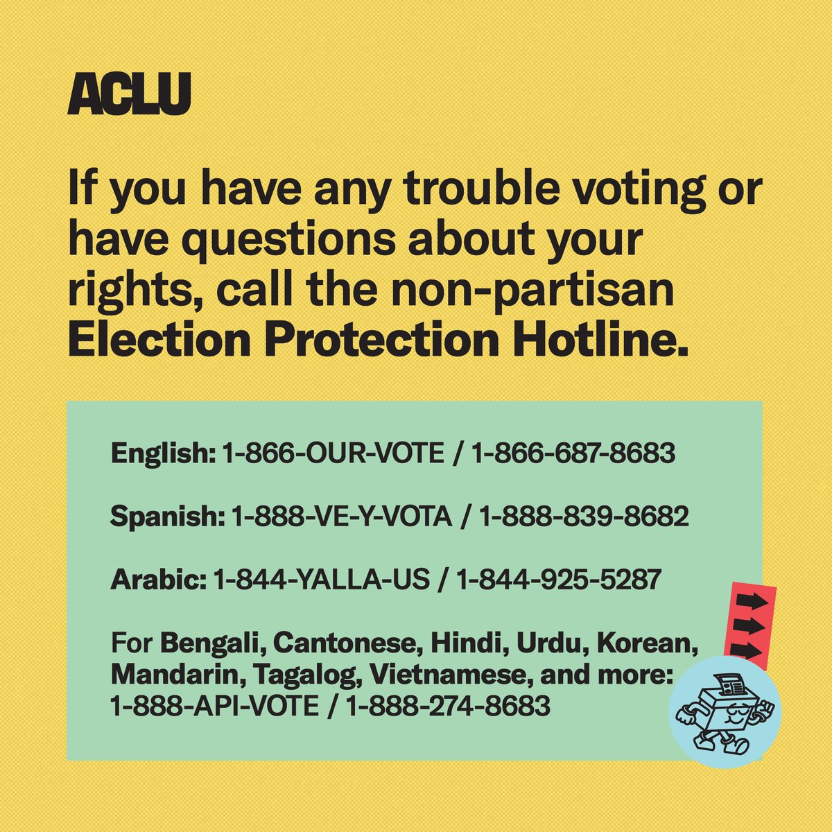 If you encounter any issues voting today, STAY IN LINE and call the Election Protection Hotline, 1-866-OUR-VOTE!