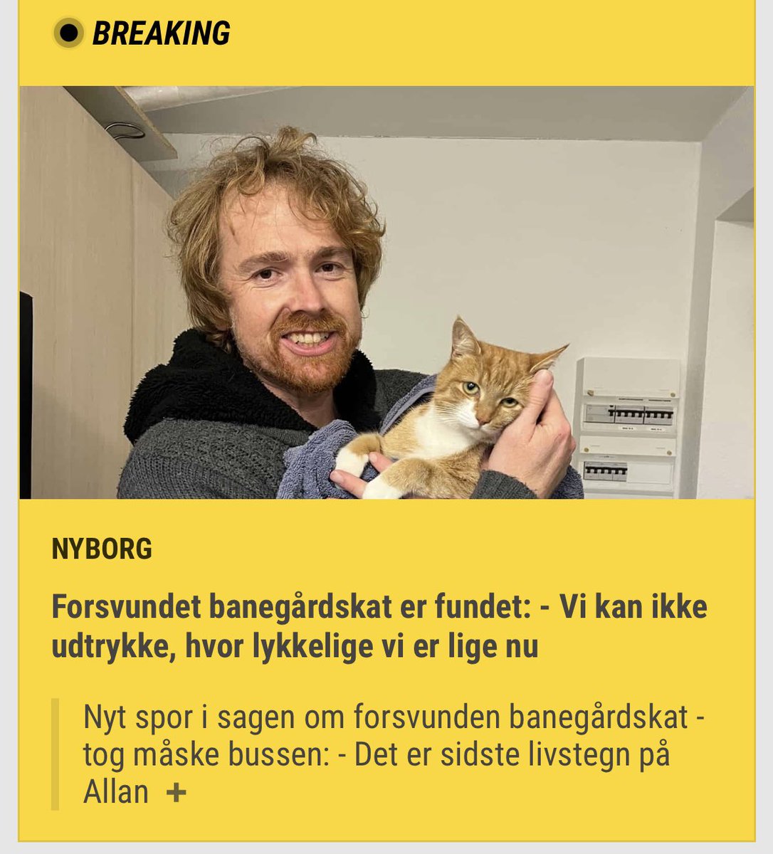 En hel nation - i hvert fald os kattevenner - har fulgt mysteriet om de forsvundne banegårdskatte fra Nyborg. Først dukkede Miti op igen, og nu er Røde Allan er også fundet. Naturligvis breaking news på <a href="/fyensdk/">fyens.dk</a> #dkmedier #fynerfin #CatsOnTwitter #CatsOnX