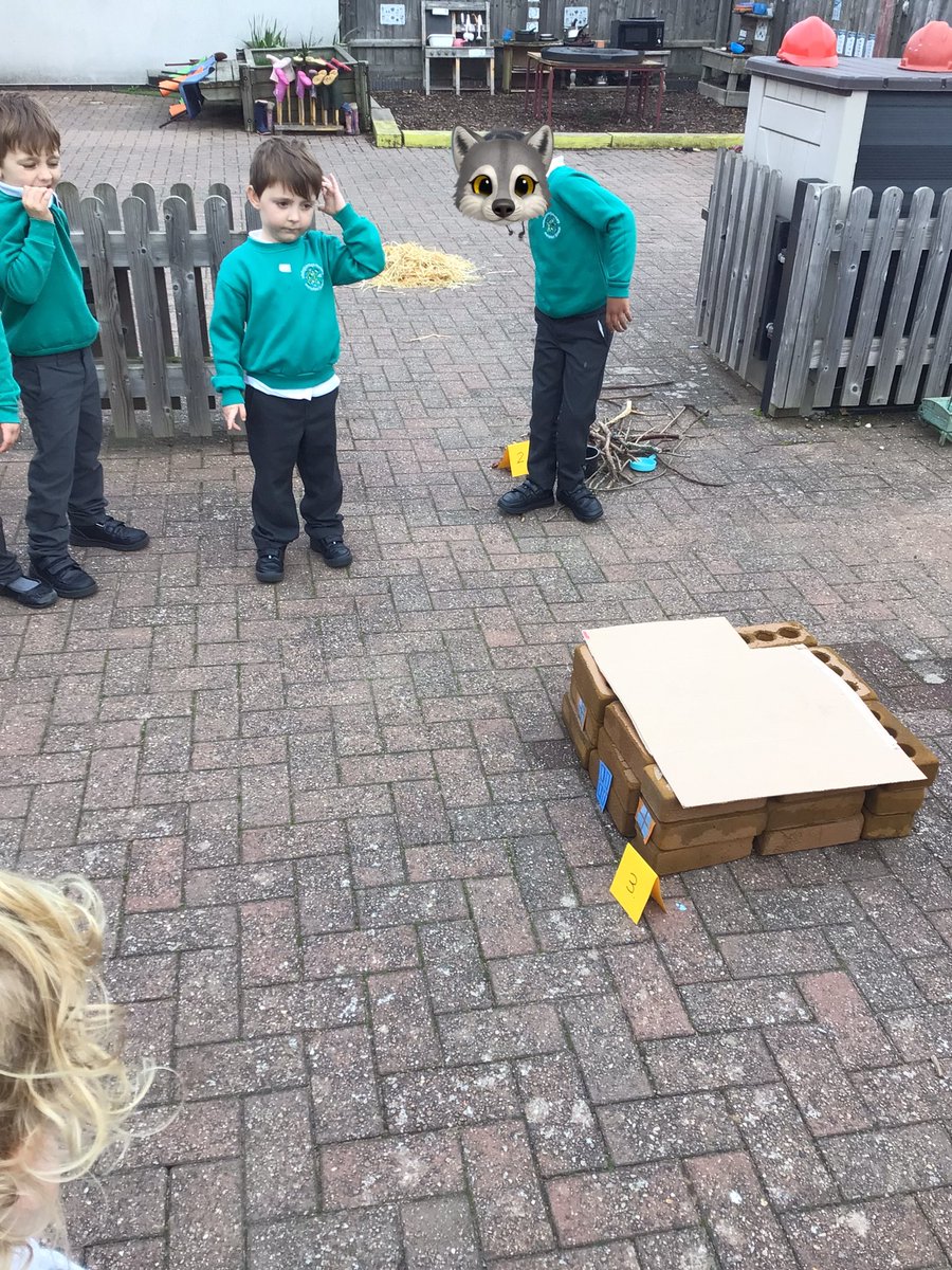 Today we discovered a crime scene in our outdoor area! We found a pile of straw, a pile of twigs and a house made of bricks! I wonder what could have happened here… 🐷🐷🐷🐺