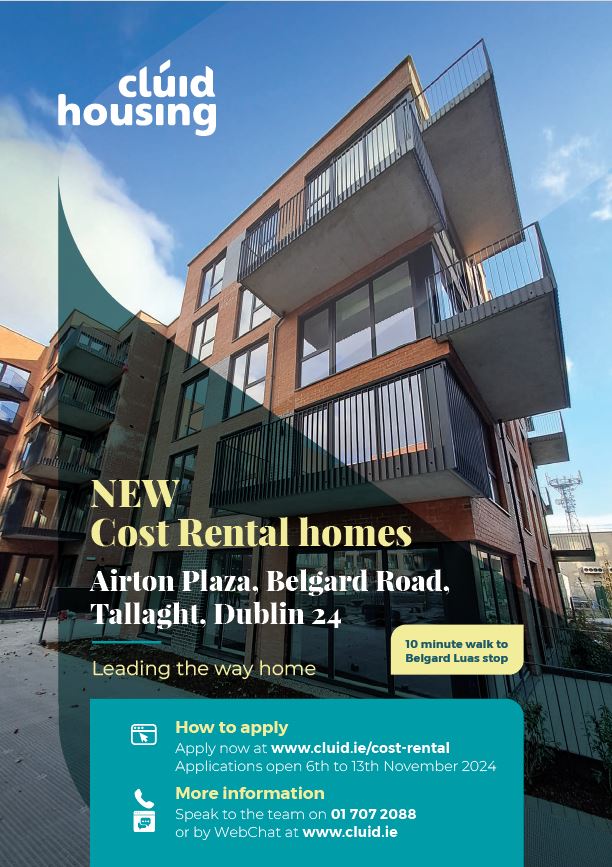Applications for new Cost Rental homes in Airton Plaza, Tallaght are due to open at 9am tomorrow, Wednesday 6 November, and will remain open for a week. 

230 cost-rental homes including 1-bed to 3-bed from €1,400 p/month

Apply tomorrow via cluid.ie/cost-rental/