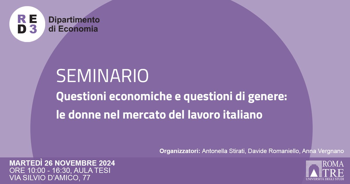 📅 Martedì 26 novembre dalle ore 10:00 alle ore 16:30, in aula tesi

📢 Seminario "Questioni economiche e questioni di genere: le donne nel mercato del lavoro italiano"

ℹ Maggiori informazioni sono presenti sul nostro sito