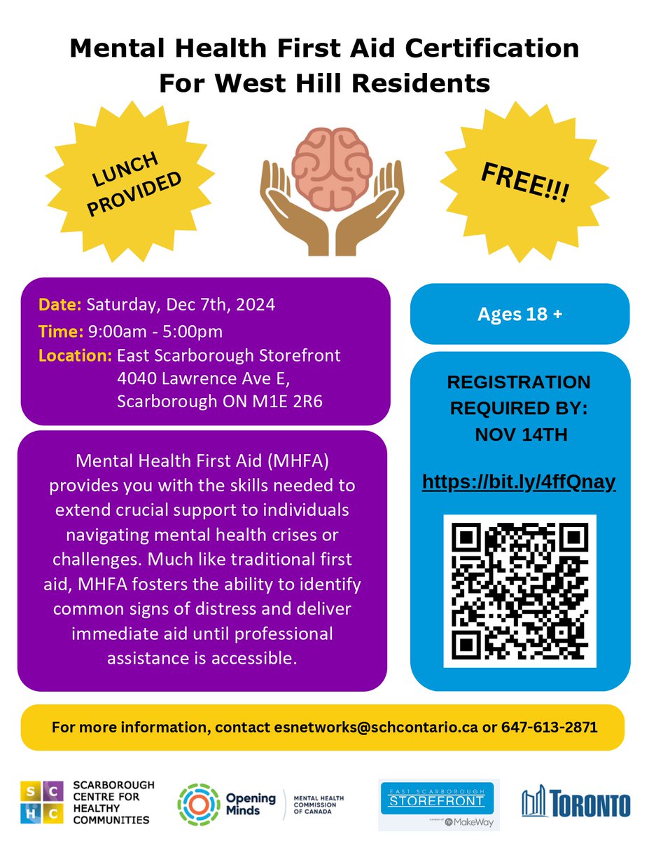 Join us for FREE Mental Health &amp; First Aid Training hosted by SCHC @ East Scarborough Storefront. When: Saturday December 7th, 2024. Registration is required, contact (647)613-2871!!!
#EastScarborough #ConnectedCommunities
