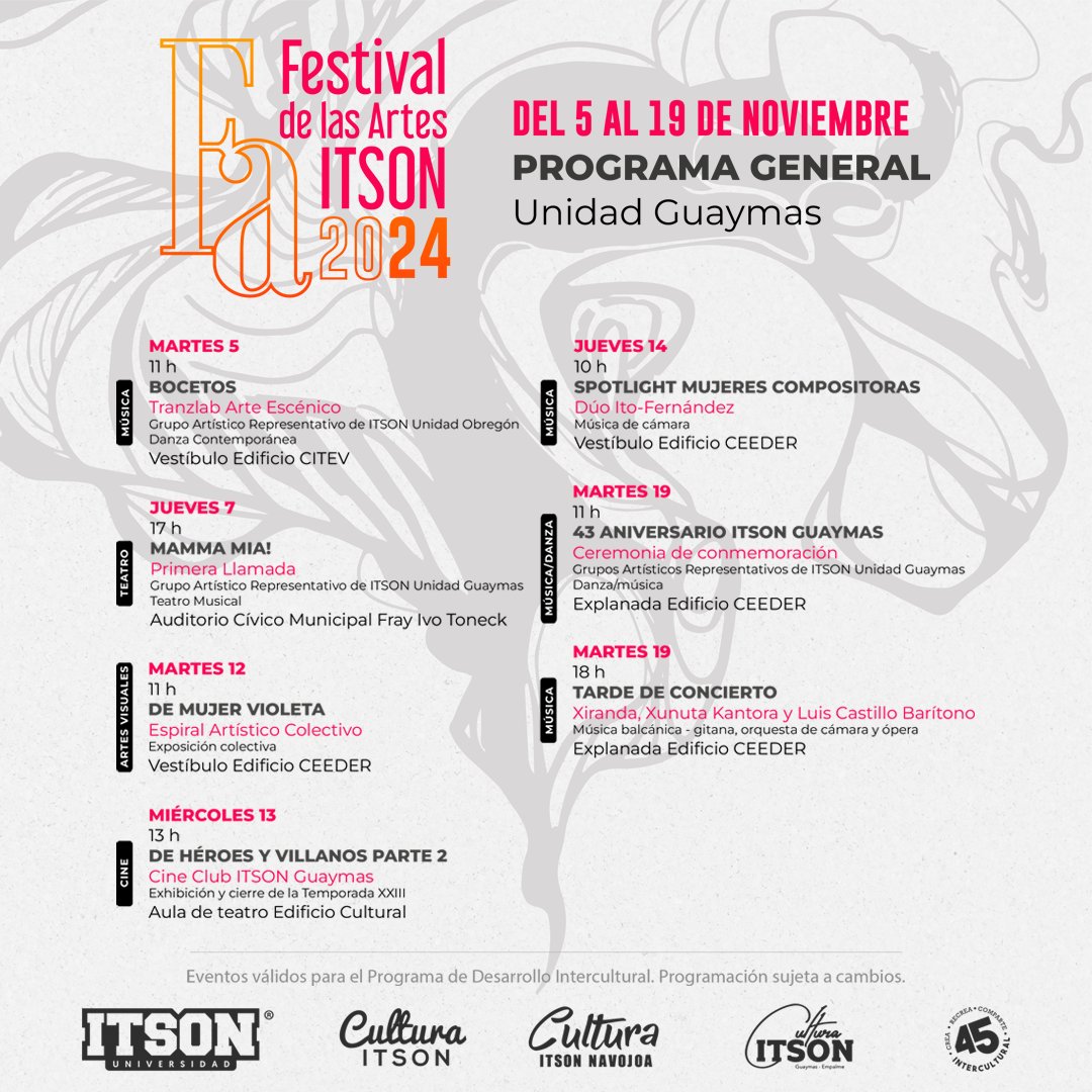 GuaymasItson's tweet photo. El Festival de las Artes ITSON, es una de las plataformas más significativas para esta casa de estudios en relación a la difusión de expresión artística. La presente edición incluye presentaciones de grupos artísticos de música, danza y teatro.

Compartimos nuestra programación. https://t.co/vwABsh19Oy