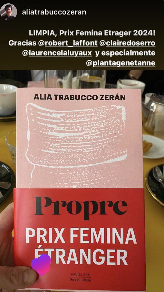 Anne Plantagenet (@plantagenetanne) on Twitter photo Alia Trabucco Zerán, première autrice latino-américaine à recevoir le prix Femina Étranger ✨🥂
« Propre » <a href="/robert_laffont/">Robert Laffont</a>
<a href="/LLaluyaux/">Laurence Laluyaux</a> Alia Trabucco Zerán, première autrice latino-américaine à recevoir le prix Femina Étranger ✨🥂
« Propre » <a href="/robert_laffont/">Robert Laffont</a>
<a href="/LLaluyaux/">Laurence Laluyaux</a>
