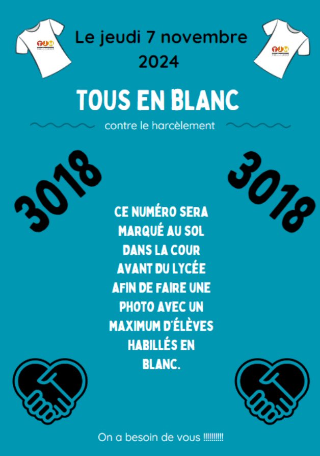 #NAH24 Le lycée <a href="/ThomasJeanMain/">Lycée Thomas-Jean Main</a> s’engage pour la journée du 7/11 avec des temps forts #tousenblanc :
📸 collective numéro d’urgence et explications 
❓présentation et explications du #questionnaire 

#climatsco #harcelement #ambassadeurs #bienetre #prevention #pHARe