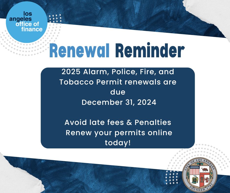 Renew Your Permit Today to Avoid Late Fees &amp; Penalties. finance.lacity.gov Last day to renew is December 31,2024 latax.lacity.org/policepermitre… latax.lacity.org/policefireperm…
latax.lacity.org/tobaccopermitr…