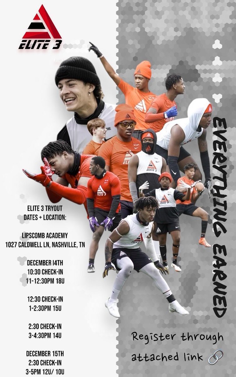 Elite 3🔺 7v7 Tryouts 
Link 🔗 to register.

December 14th• Saturday 
10:30 Check-in 18U 
11-12:30pm tryout 

12:30 Check-in 15U
1-2:30pm tryout 

2:30 Check-in 14U
3-4:30pm tryout 

December 15th• Sunday
2:30 Check-In 12U/ 10U 
3-5pm tryout

<a href="/_Elite3/">ELITE 3</a>