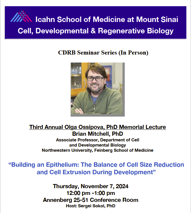 SBDRC at Mount Sinai (@sbdrcatmtsinai) on Twitter photo Please join us on Nov 7th for the <a href="/CDRBSinai/">CDRB Mount Sinai</a> Seminar. Dr. Mitchell will be presenting his lab's exciting work on epithelial cell regulation during development. External members look out for an email with Zoom details! Please join us on Nov 7th for the <a href="/CDRBSinai/">CDRB Mount Sinai</a> Seminar. Dr. Mitchell will be presenting his lab's exciting work on epithelial cell regulation during development. External members look out for an email with Zoom details!
