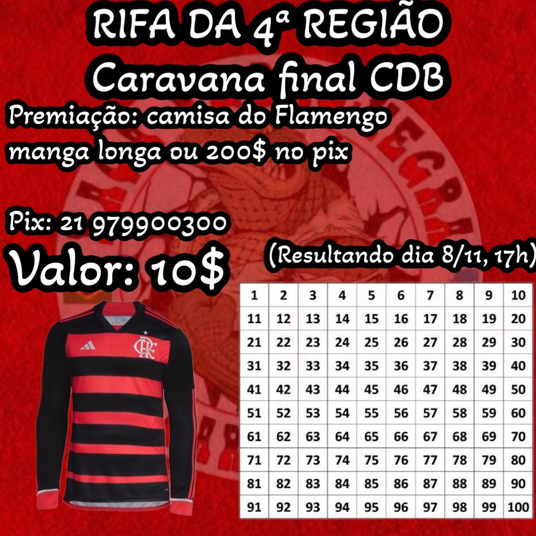 4regiaoR's tweet photo. *RIFA DOS AMIGOS PARA AVANÇAR EM BUSCA DO TÍTULO DA COPA DO BRASIL*

*VALOR : 10 REAIS*
*PREMIO : 200 NO PIX OU CAMISA DO FLAMENGO MANGA LONGA*

*RESULTADO SEXTA-FEIRA 08/11/2024* 

*PIX : 21979900300*

*MARCO AUGUSTO BARBOSA DA SILVA*
*C6 BANK* https://t.co/UIPmy6mUnV