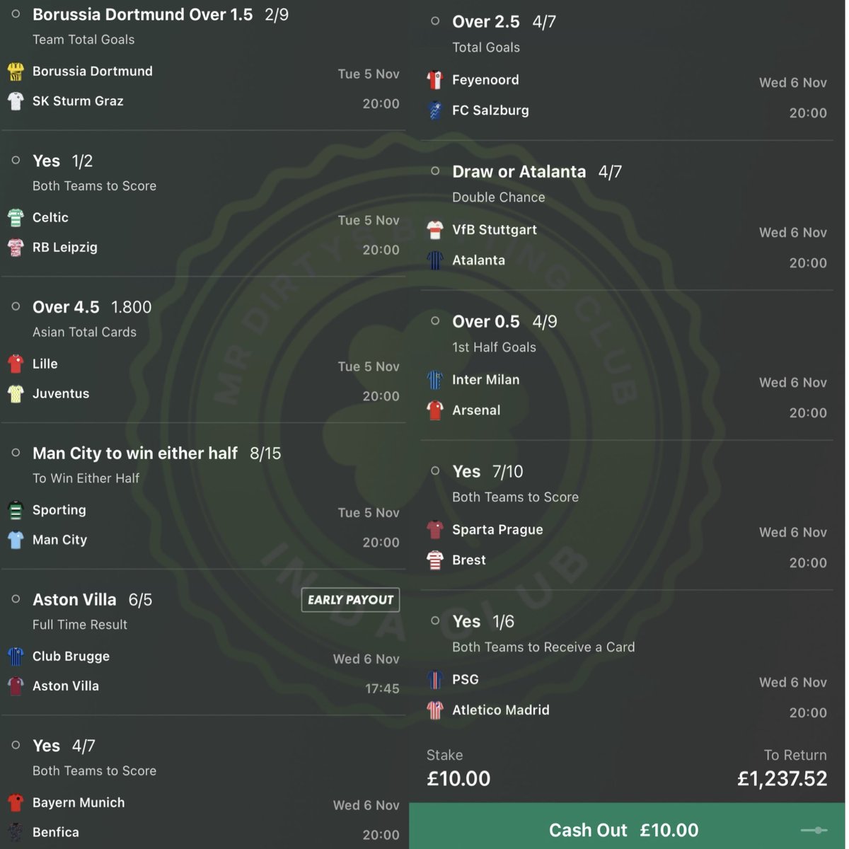 CHAMPIONS LEAGUE LONGSHOT 💥

TUESDAY - WEDNESDAY 📆

ODDS🤑- 122/1

Remember this is a longshot so only a bit of fun so only stake what you can afford to lose 🔞