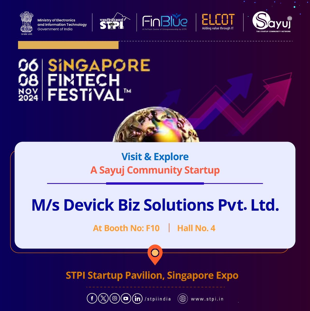 Be a part of this extraordinary journey and witness the future of fintech unfold!

At the upcoming Singapore Fintech Festival 2024, visit and explore the innovation of STPI supported tech startup M/s Devick Biz Solutions Private Limited at booth F10 of Hall-4.

🗓️6 - 8 November
