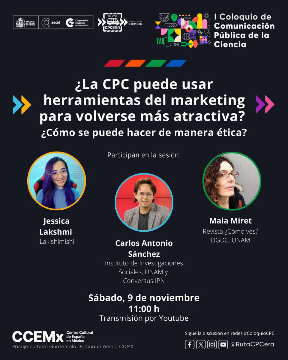 RutaCPCera's tweet photo. 😎 En medios donde el marketing es una herramienta cotidiana, ¿cómo pueden usarla las personas que comunican ciencia? ⚛️
Acompáñanos en el #ColoquioCPC en el @ccemx.
🔴Transmisión por Youtube: https://t.co/YW7I5n0AE7
@Lakishimishi
@IISUNAM
@conversusdelipn
@revistacomoves https://t.co/Igrpvcwb2s