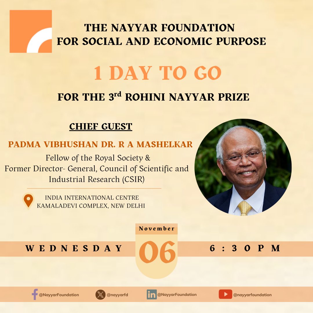 Nayyar Foundation (@nayyarfd) on Twitter photo "We're honored to have Padma Vibhushan <a href="/rameshmashelkar/">Raghunath Mashelkar</a> as the Chief Guest for the 3rd Rohini Nayyar Prize! Join us for an evening dedicated to transformative work in rural development
#RohiniNayyarPrize #RuralDevelopment "We're honored to have Padma Vibhushan <a href="/rameshmashelkar/">Raghunath Mashelkar</a> as the Chief Guest for the 3rd Rohini Nayyar Prize! Join us for an evening dedicated to transformative work in rural development
#RohiniNayyarPrize #RuralDevelopment