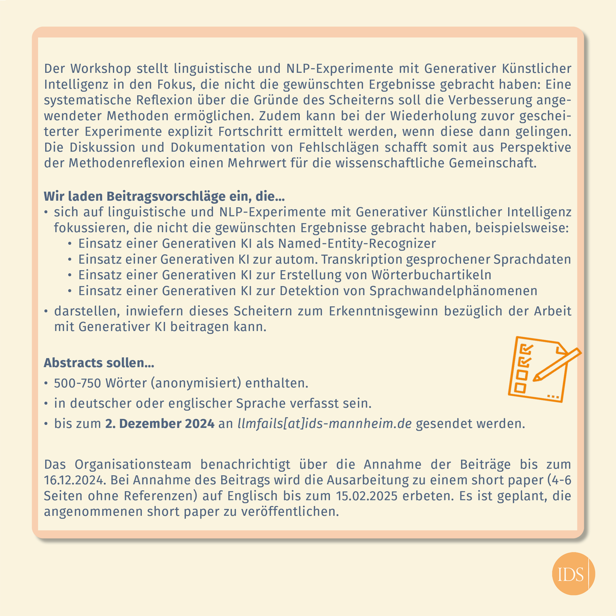 IDS_Mannheim's tweet photo. #CfP: Am 8./9.4.25 findet am IDS d. Workshop "LLM fails. Gescheiterte Experimente mit Generativer KI &amp; was wir daraus lernen können" statt. Wir laden bis 2.12.24 z. Einreichung von Abstracts zu gescheiterten ling. &amp; NLP-Experimenten mit Generativer KI ein. https://t.co/oQj9FDn3s6 https://t.co/8Ah1V6s5oU