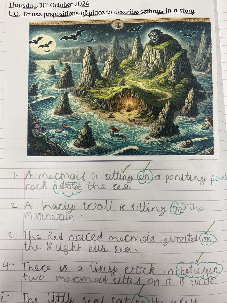 MissFenerty's tweet photo. Wonderful proof that proper use of AI can be a simple but effective tool in aiding lesson resources! ChatGPT created a fantastic scene which supported my year 3s lesson on using prepositions to describe a setting, and they came up with some fabulous sentences! #ECT1 #edutwitter https://t.co/NzttDJbJXK