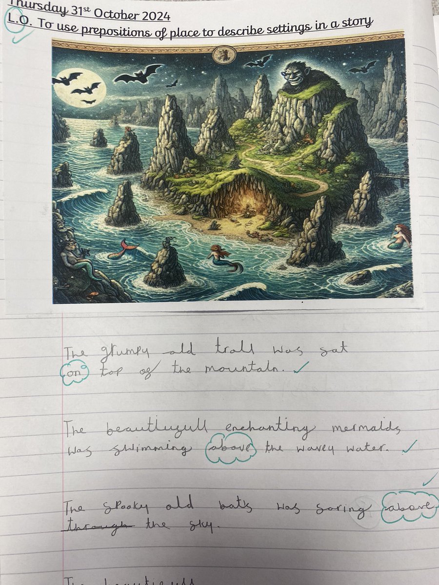 MissFenerty's tweet photo. Wonderful proof that proper use of AI can be a simple but effective tool in aiding lesson resources! ChatGPT created a fantastic scene which supported my year 3s lesson on using prepositions to describe a setting, and they came up with some fabulous sentences! #ECT1 #edutwitter https://t.co/NzttDJbJXK