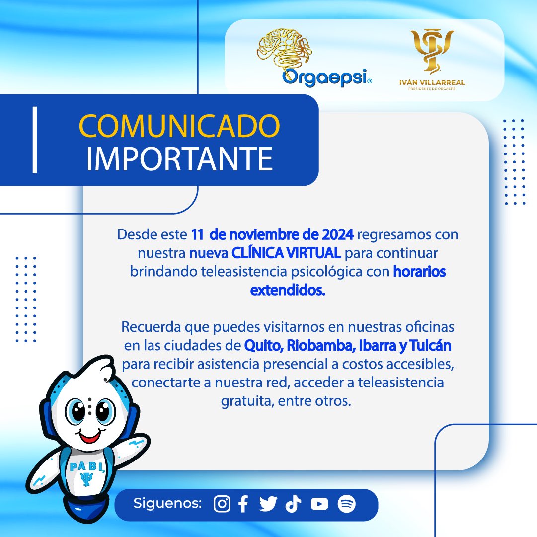 ✨ ¡Estamos de regreso con la nueva Clínica Virtual de Teleasistencia Psicológica! ✨

¡Cuida de tu Salud Mental con ORGAEPSI! 💙