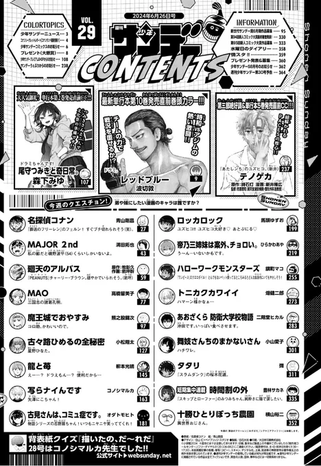 今年度の少年サンデーは、29号がたったの368ページで今週の50号が504ページ(共に電子版)と、半年も開いてないのに中身の量にものすごい格差が。目次を並べても密度が全然違うからね。この急激な変化の原因は何だろう。ネットで薄さを煽られたから編集部が発奮したか?#少年サンデー 