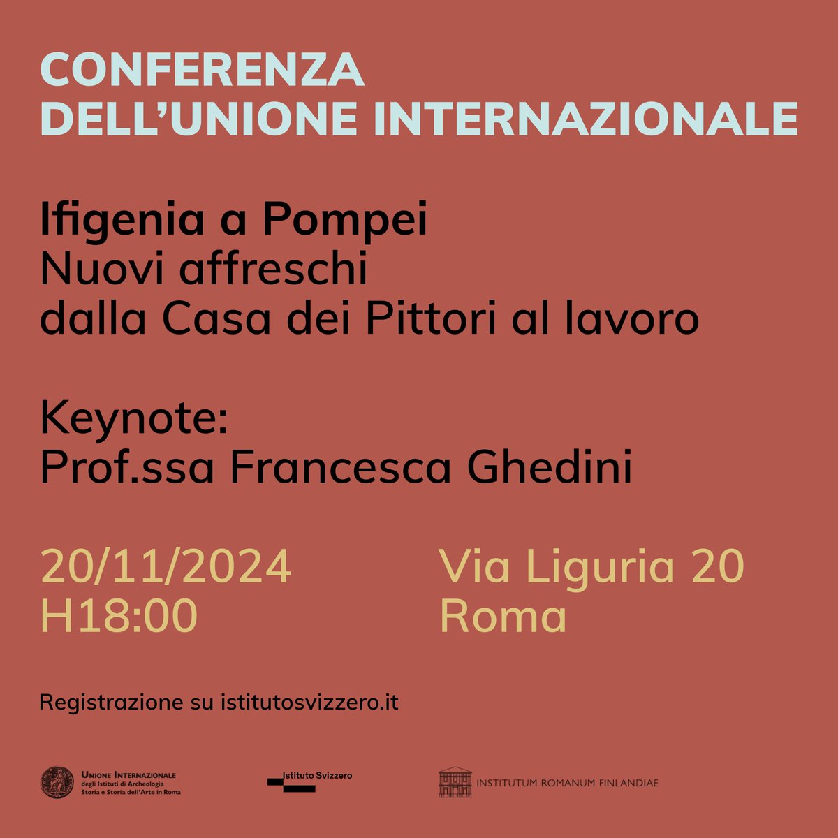 BiblHertz's tweet photo. Segnaliamo con piacere la conferenza annuale dell’Unione Internazionale degli Istituti di Archeologia, Storia e Storia dell'Arte a Roma:
Ifigenia a Pompei. Nuovi affreschi dalla Casa dei Pittori al lavoro, keynote di Francesca Ghedini
🗓️20.11.24, ore 18
🔗https://t.co/wZNUXHNrqG https://t.co/dCf1LhKkU9