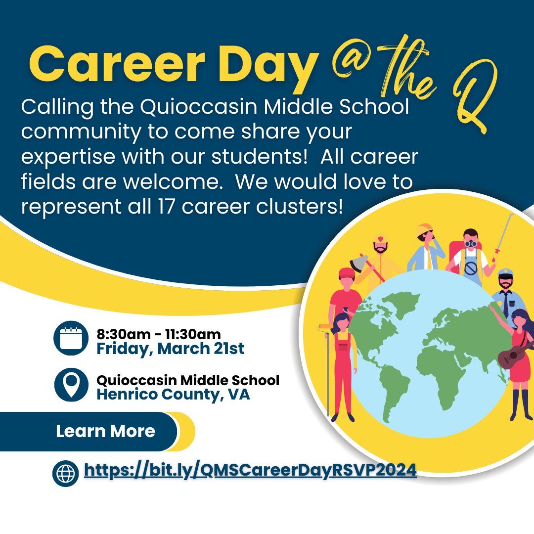 2025 Career Day @ the Q! – March 21st, 8:30-11:30 AM. Calling all Quioccasin Community Members! Please consider sharing your expertise! All career fields are welcome! To help us prepare, please RSVP by February 21st using this link: bit.ly/QMSCareerDay20…