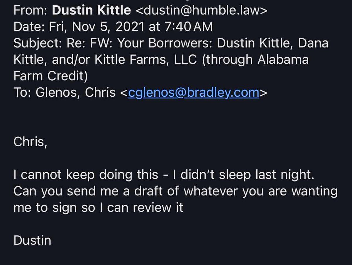 dustinkittle's tweet photo. Three years ago today, I woke up and set a trap to catch a crook —

Farm Credit’s private lawyers had extorted us for months with threats of losing our farm if we refused to sign a legal release swearing to confidentiality as to everything we knew of the frauds being perpetuated within the Farm Credit System; but I was not taking a chance that they would later claim they had no intent to follow through with their egregious and illegal threats.

The email below, in which I put blood in the water for those sharks, led to a recorded call taking place 72 hours later, wherein the Farm Credit lawyer unwittingly admitted to it all; that we were targeted and faced the potential of losing our farm if we did not do exactly as we were told in staying quiet.  

But because President Joe Biden had failed to appoint a Farm Credit Board, as he was required to do under federal law, we had no recourse but to sell land and our home and a significant portion of our cattle herd to pay off a farm loan 20 years early, in order to escape their vile, extortionate scheme.

We are still fighting the battle three years later; now in court against President Biden and others who allowed these atrocities to take place against America’s farmers.

We will ultimately prevail; but to be clear, the reckoning will be greatly accelerated by ousting the Democratic Party from its grip over federal agencies like Farm Credit.

While the Harris Team refused to speak with us at all over the changes needed to support the farmers within the U.S. Farm Credit System, Robert Kennedy, Jr. visited with us at length to discuss the problems and the solutions; and based on that and more, I believe he will make a difference in the future of American agriculture if given the opportunity by the voters today.

As someone who has spent the last three years of their life fighting the Biden and Harris Administration, I urge you not to give them further control over our livelihoods.  

A change is desperately needed.

— DK

#SaveOurFarms 🇺🇸🌾

#MAHA || #Election2024