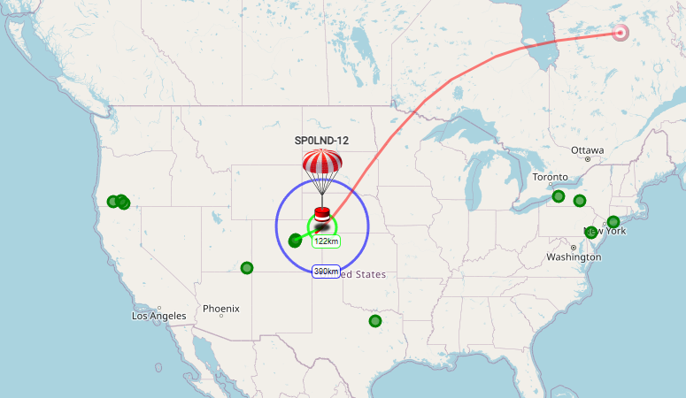 SQ2CPA's tweet photo. SP0LND-12 LoRa APRS balloon is flying over center of USA to North-East. WSPR is also available at 20m, 15m, 30m band (I prefer 20m due to antenna) as SP0LND/2 or SP0LND-32 at https://t.co/3eeev8ZsoI. That's already over 3 months in the air! https://t.co/GYWvx4cKWR