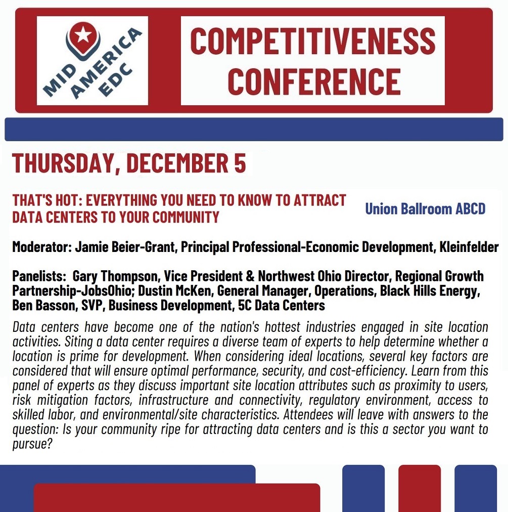 _MAEDC's tweet image. Get ready for THAT&apos;S HOT: Everything You Need to Know to Attract Data Centers to Your Community at the #MidAmericaEDC 2024 #CompetitivenessConference next month! An expert panel will discuss important site location attributes! Register: midamericaedc.org/events-and-pro… #EconDev
