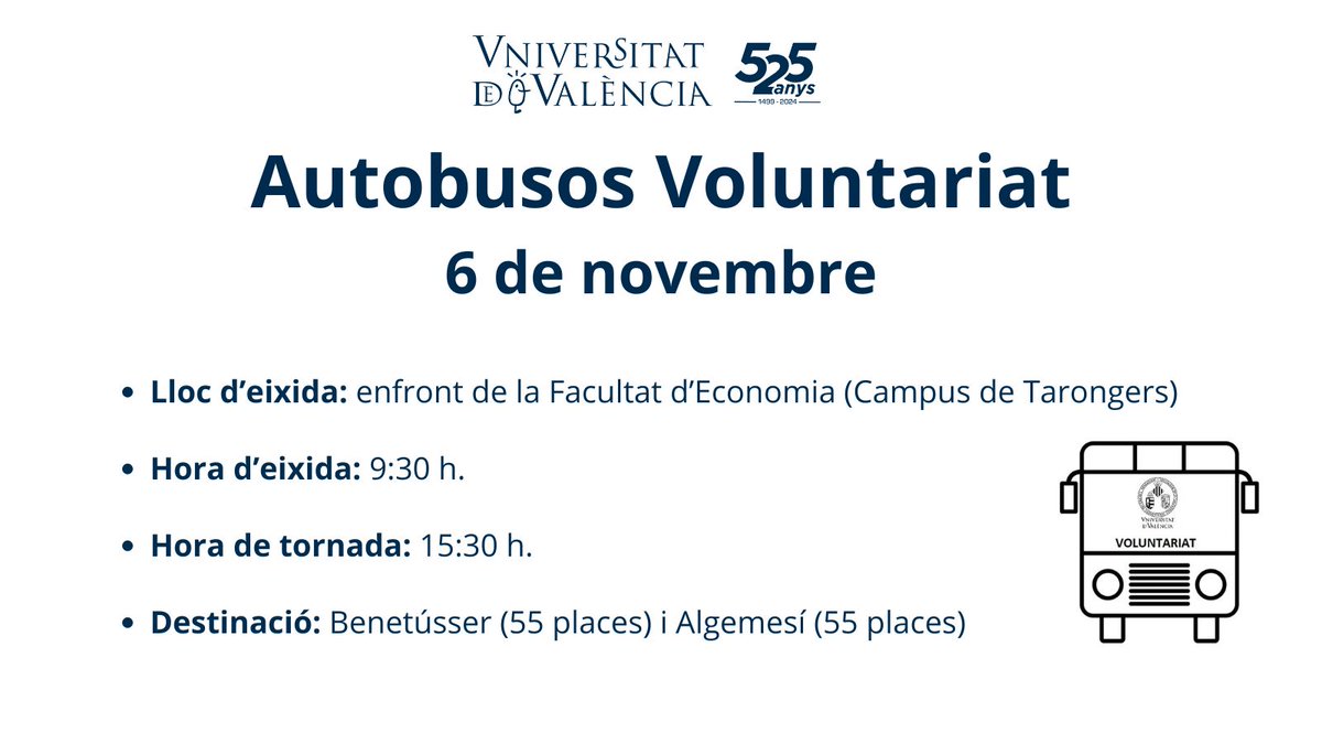 📢Autobusos Voluntariat  Algemesí i Benetússer🚌
🗓️Dimecres 6 de novembre
💻Inscripció Algemesí ir.uv.es/8N0KuQt
💻Inscripció Benetússer ir.uv.es/obO1nWH
Els formularis es tancaran automàticament en cobrir les places
#voluntariat #DANA #Benetusser  #Algemesi