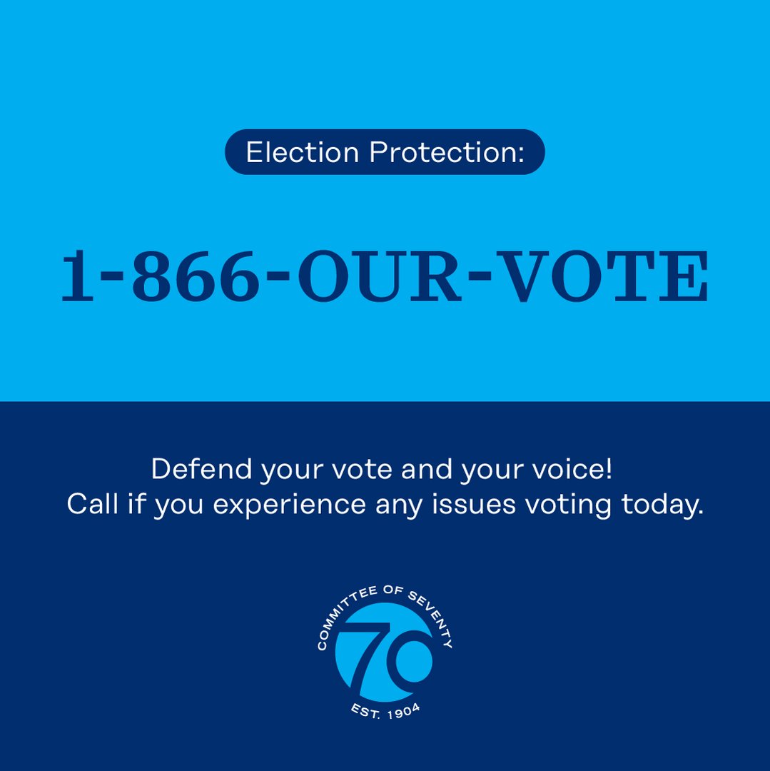 Committeeof70's tweet photo. Encountering challenges at the polls? The @866ourvote is here to help!

Call 1-866-OUR-VOTE for real-time assistance on Election Day. https://t.co/NZ6oeQgTX6