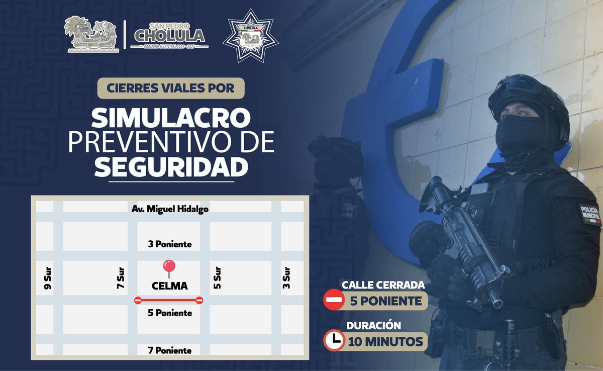 SSC_Cholula's tweet photo. ¡No te alarmes!📢

👮‍♀️La Dirección de @prevencholula, en coordinación con elementos de la @SSC_Cholula👮 y @PCCholula 👨‍🚒, realizarán un simulacro preventivo de seguridad en el #CELMA.🏫

🗓️Martes 05 de noviembre
🕑17:00 hrs
👇Consulta el cierre de calle y toma vías alternas. https://t.co/9e9bgBkceq