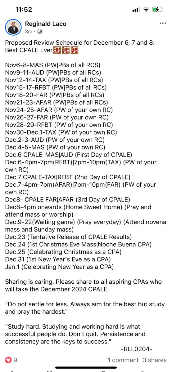 LacoReginald's tweet photo. Proposed review schedule for December 2024 CPALE which is the Best CPALE Ever. Please repost and reshare to all aspiring CPAs. God bless and more power. Tomorrow we restart, refocus and rebuild our review program. We're gonna get out there and give our 100% effort. Fight !!💪💪💪 https://t.co/gcjPGR0xeB