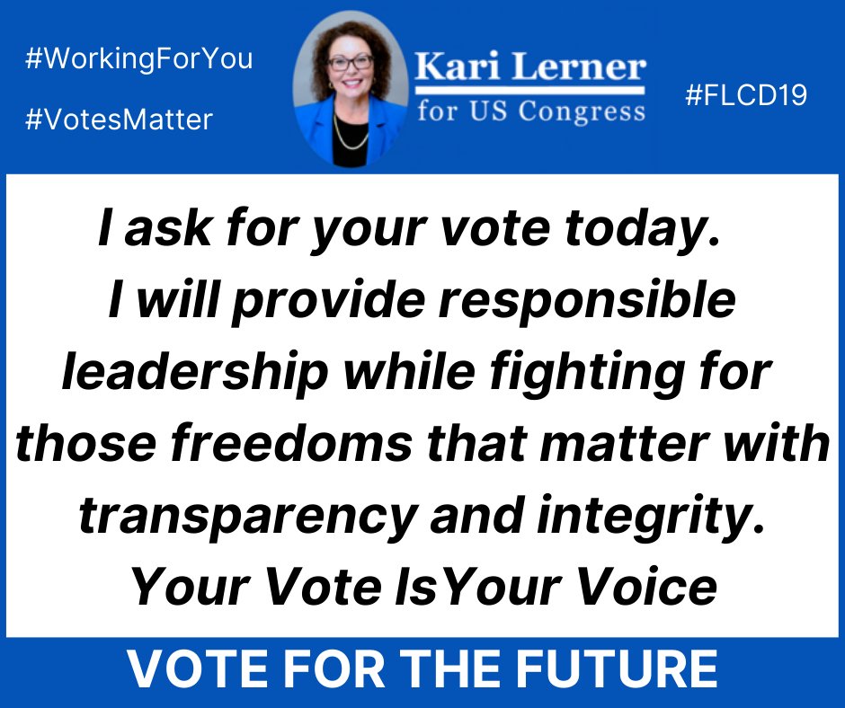 karilernerforFL's tweet photo. @FlaDems TODAY IS THE DAY!  I humbly ask for your vote.  Southwest #Florida is my home and I care about my community.  I want good things for ALL of us.  I will fight hard to make sure your future is bright.  Please get to the polls today and vote for Kari Lerner for Congress District 19! https://t.co/idHXr5RZKj
