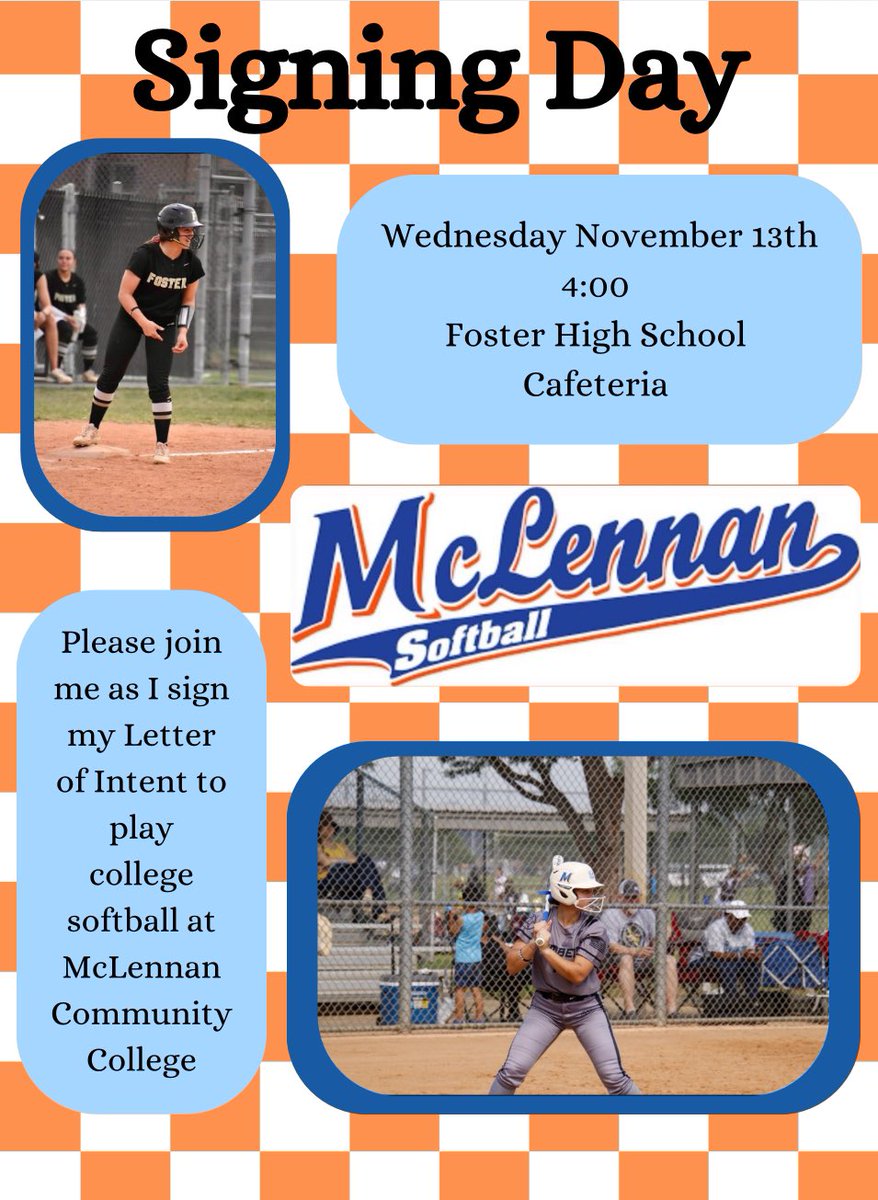 Can’t wait to sign my 🥎NLI on November 13th!! Please join me and my fellow Foster HS student-athletes as we celebrate. <a href="/CoachBerry33/">Chris Berry</a> <a href="/CoachJ_22/">Jessica Smith</a> <a href="/ARod_1184/">AD Rodriguez</a> <a href="/Foster_Softball/">FHS Softball</a> <a href="/18uAmerican/">Texas Bombers Gold American 18U</a>