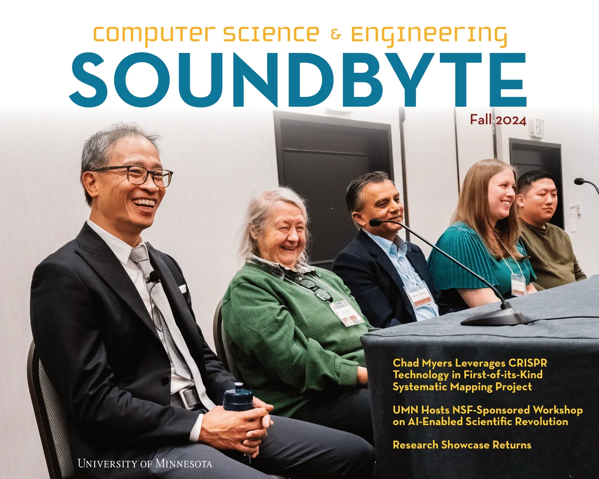Cover of Soundbyte Magazine for Fall 2024. Five Computer Science & Engineering faculty are on the cover sitting at a table and smiling at something out of view of the camera. In the bottom right corner, several headlines of news items included in the magazine are listed.