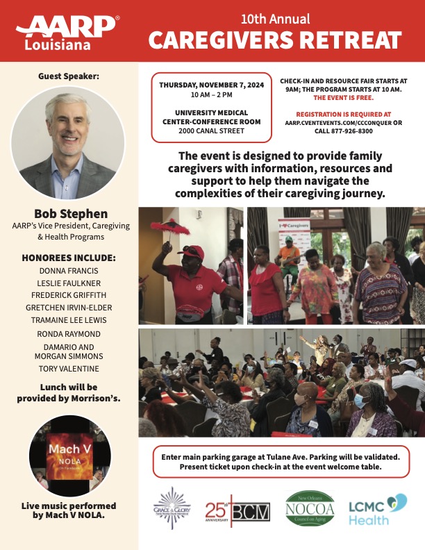 Join us for the 10th Annual Caregivers Retreat on Nov. 7!  Recharge and gain valuable resources to enhance your caregiving journey. Don’t miss this empowering day!

👉 Reserve your seat: spr.ly/6015STlMF or call 877-962-8300. 

 #AARPLouisiana #caregivers